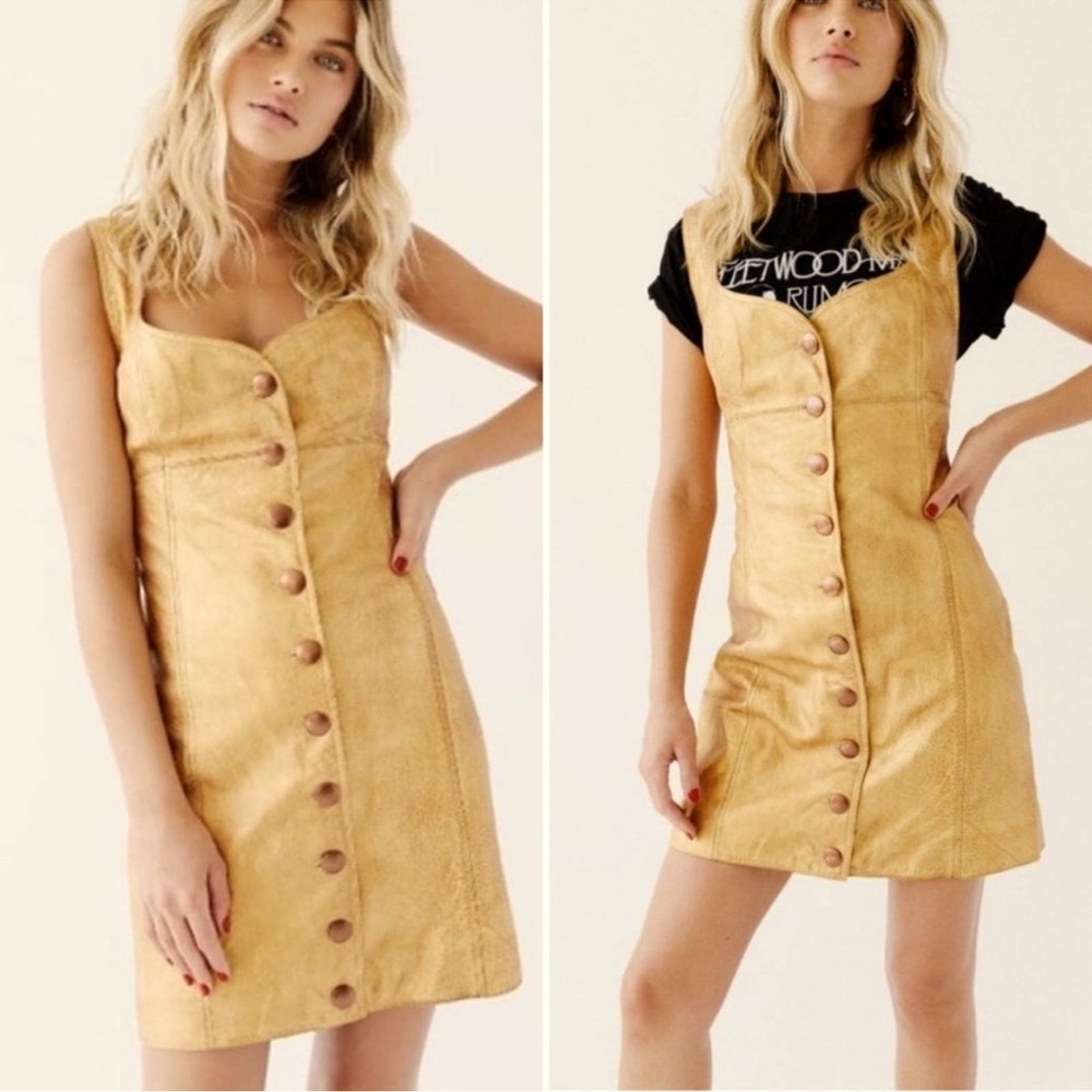 Free People Goldie Yellow Gold Leather Button Down Mini Dress - NWT!